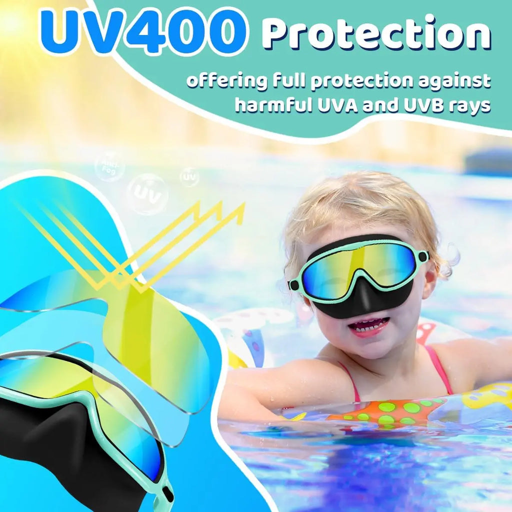 Swim Goggles with Nose Bridge, Large Frame Waterproof Anti-Fog Outdoor Swimming Goggles, High Definition Electroplated 3-15 Years