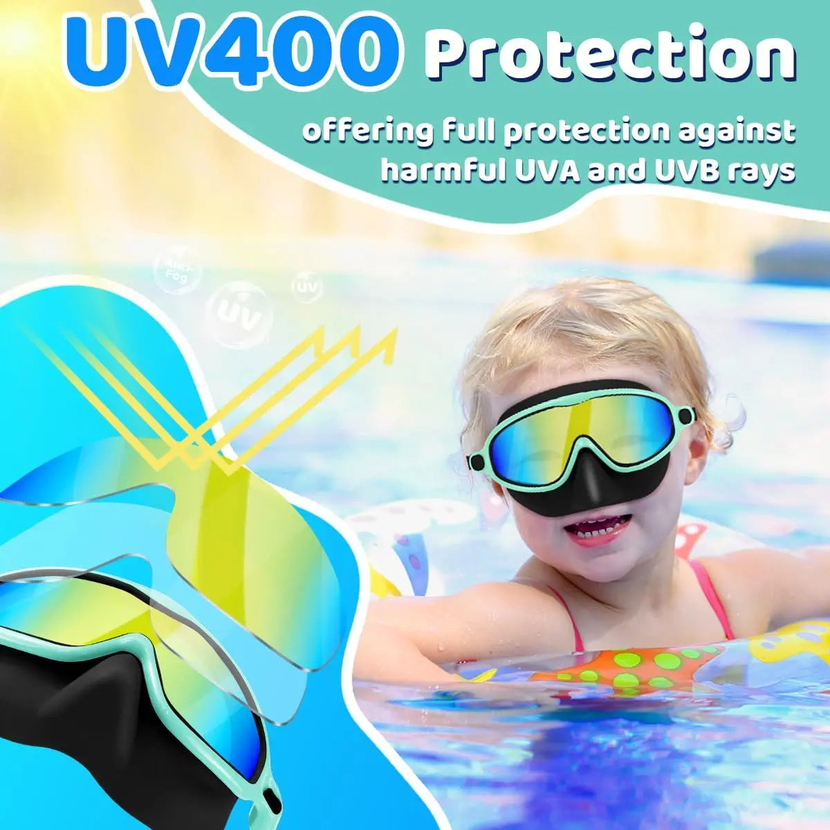 Swim Goggles with Nose Bridge, Large Frame Waterproof Anti-Fog Outdoor Swimming Goggles, High Definition Electroplated 3-15 Years