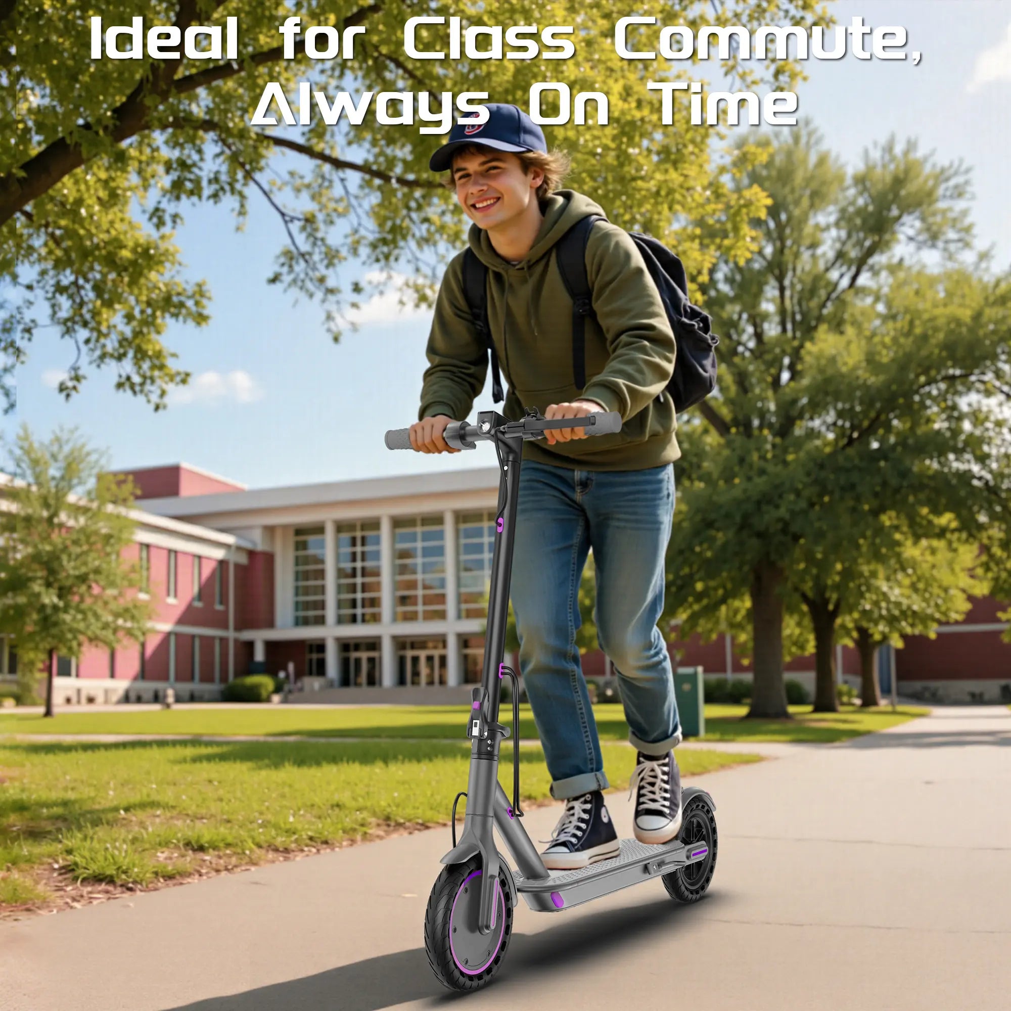 Purple Electric Scooter for Adults, Top Speed 19 Mph, 350-Watt Motor, 14-18 Mile Range, Supports Smart App Control, Easy to Carry, Folds up for Storage in a Trunk, Can Carry up to 265 Lbs, Fuel-Efficient Choice.
