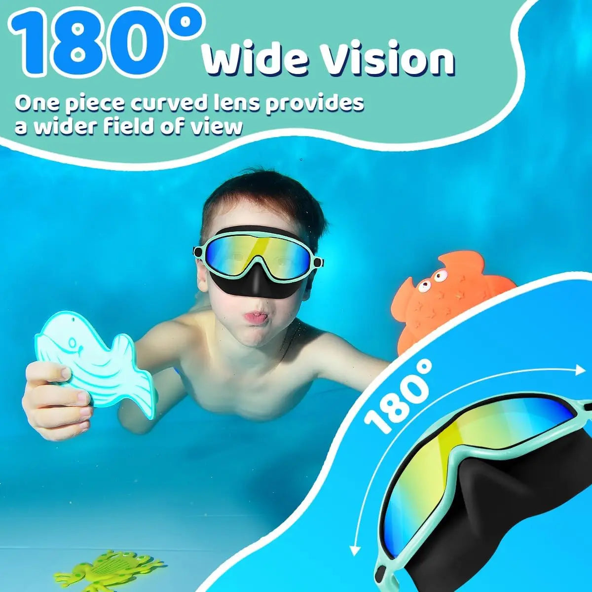 Swim Goggles with Nose Bridge, Large Frame Waterproof Anti-Fog Outdoor Swimming Goggles, High Definition Electroplated 3-15 Years
