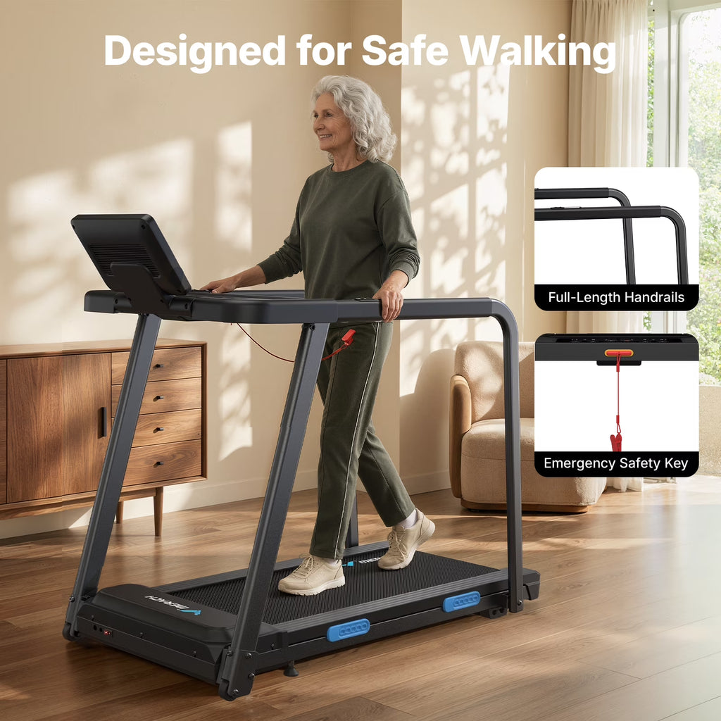 Treadmill for Seniors with Handrails, 2 in 1 Walking Treadmill for Fitness Recovery, 300 Lbs Capacity