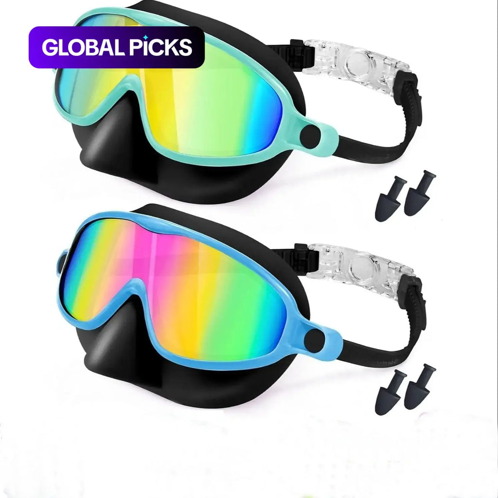 Swim Goggles with Nose Bridge, Large Frame Waterproof Anti-Fog Outdoor Swimming Goggles, High Definition Electroplated 3-15 Years