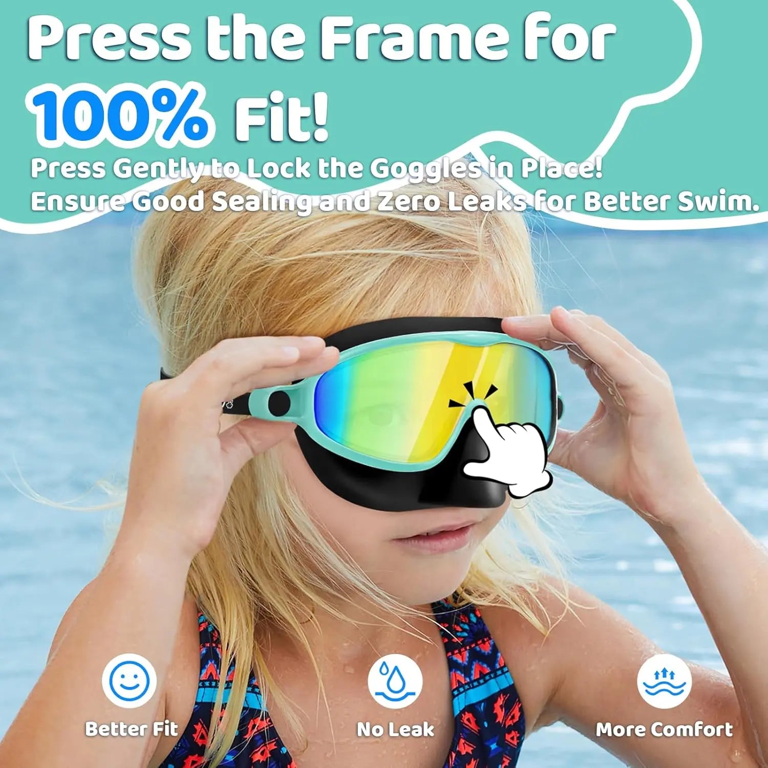 Swim Goggles with Nose Bridge, Large Frame Waterproof Anti-Fog Outdoor Swimming Goggles, High Definition Electroplated 3-15 Years
