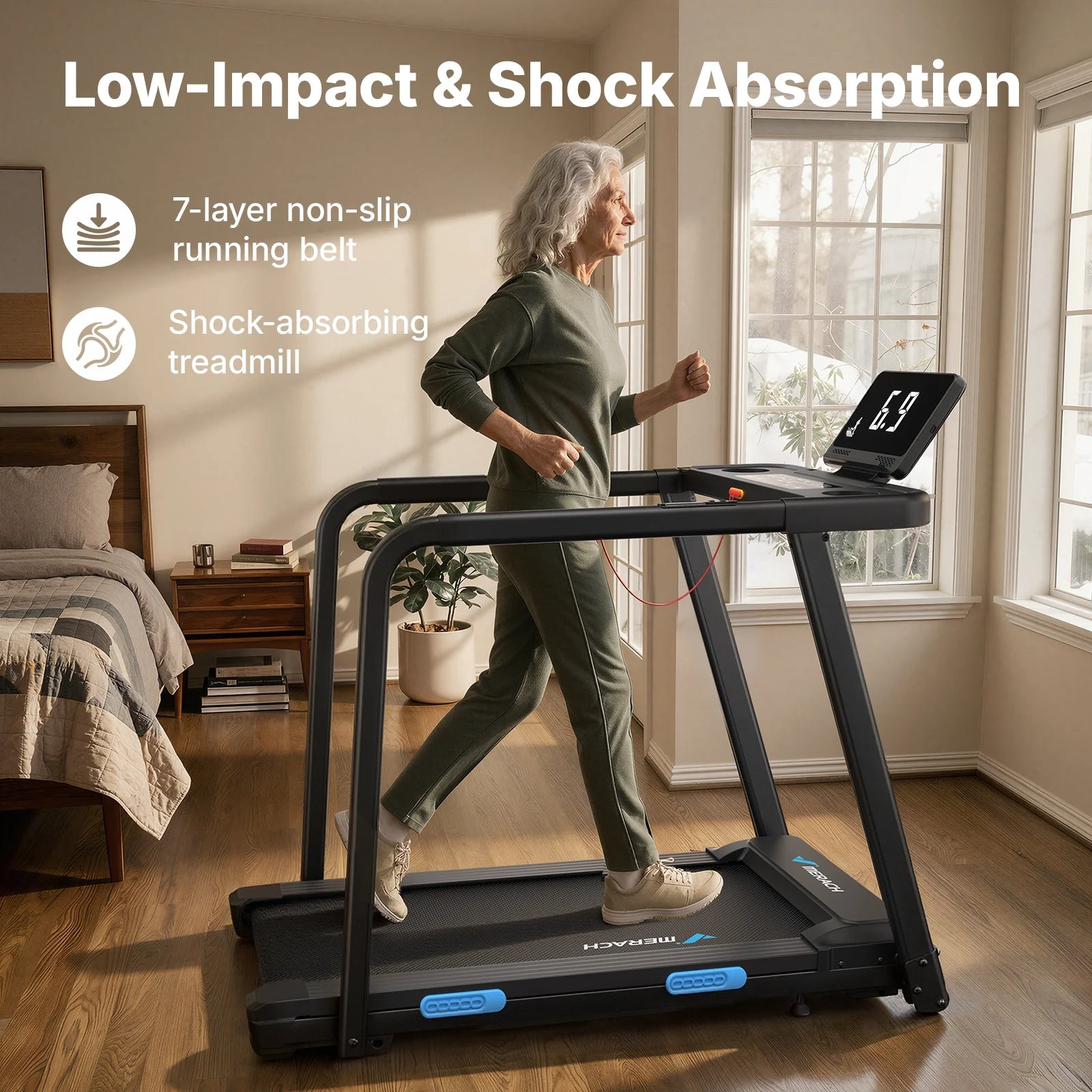 Treadmill for Seniors with Handrails, 2 in 1 Walking Treadmill for Fitness Recovery, 300 Lbs Capacity