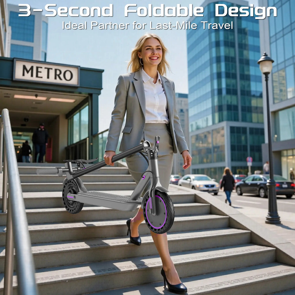 Purple Electric Scooter for Adults, Top Speed 19 Mph, 350-Watt Motor, 14-18 Mile Range, Supports Smart App Control, Easy to Carry, Folds up for Storage in a Trunk, Can Carry up to 265 Lbs, Fuel-Efficient Choice.
