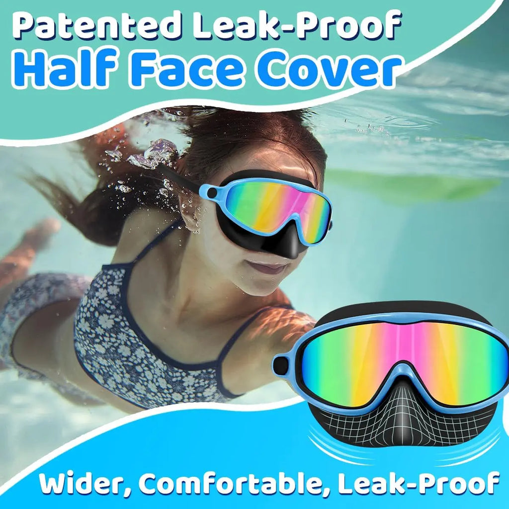 Swim Goggles with Nose Bridge, Large Frame Waterproof Anti-Fog Outdoor Swimming Goggles, High Definition Electroplated 3-15 Years