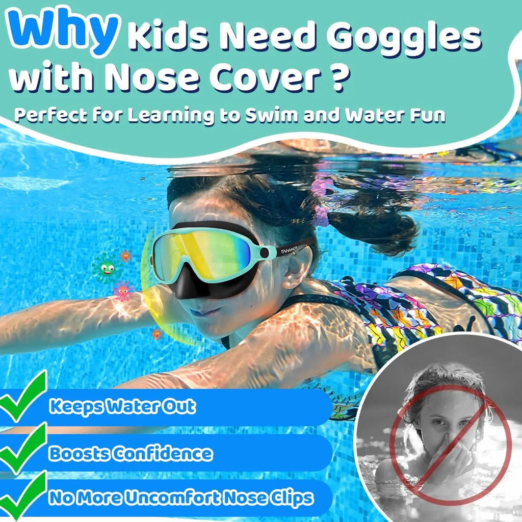 Swim Goggles with Nose Bridge, Large Frame Waterproof Anti-Fog Outdoor Swimming Goggles, High Definition Electroplated 3-15 Years