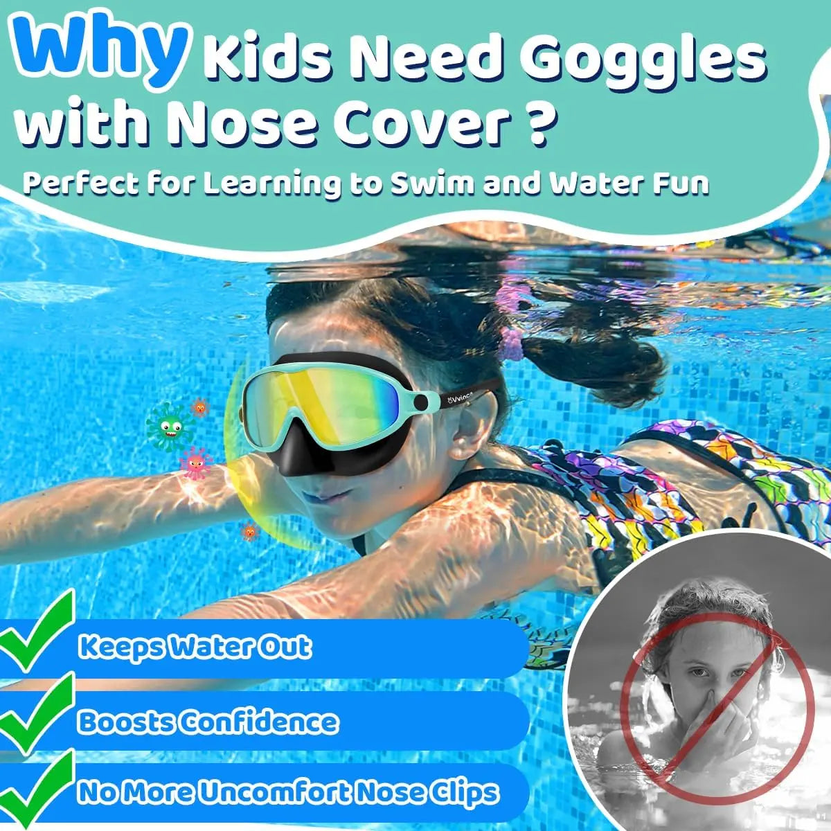 Swim Goggles with Nose Bridge, Large Frame Waterproof Anti-Fog Outdoor Swimming Goggles, High Definition Electroplated 3-15 Years