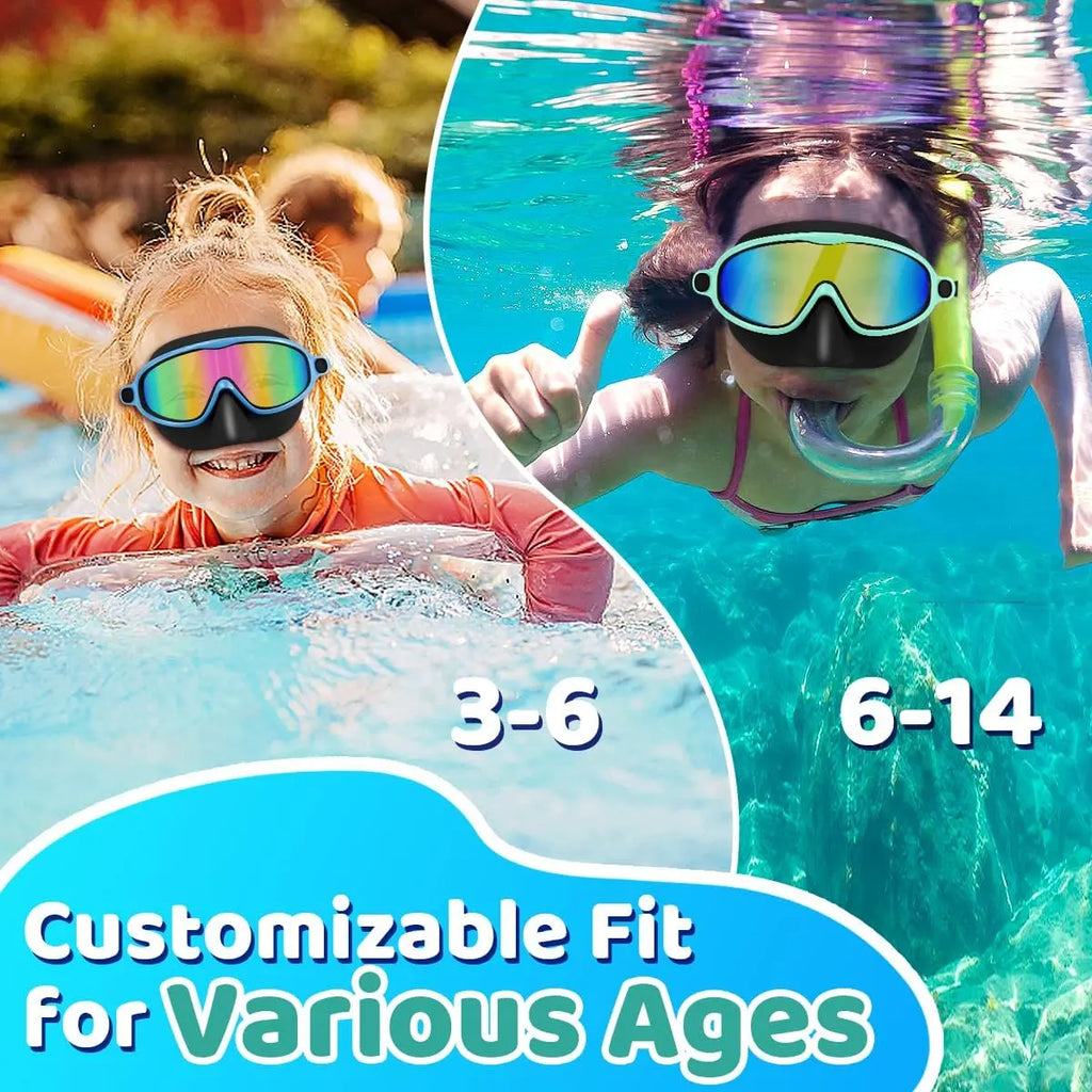 Swim Goggles with Nose Bridge, Large Frame Waterproof Anti-Fog Outdoor Swimming Goggles, High Definition Electroplated 3-15 Years
